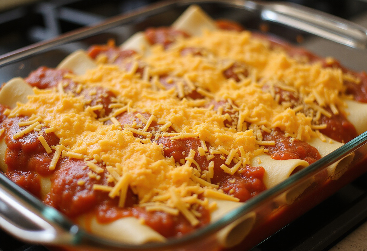 Enchiladas covered with red sauce and cheese being prepared for baking.