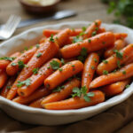Delicious homemade honey roasted carrots garnished with parsley.