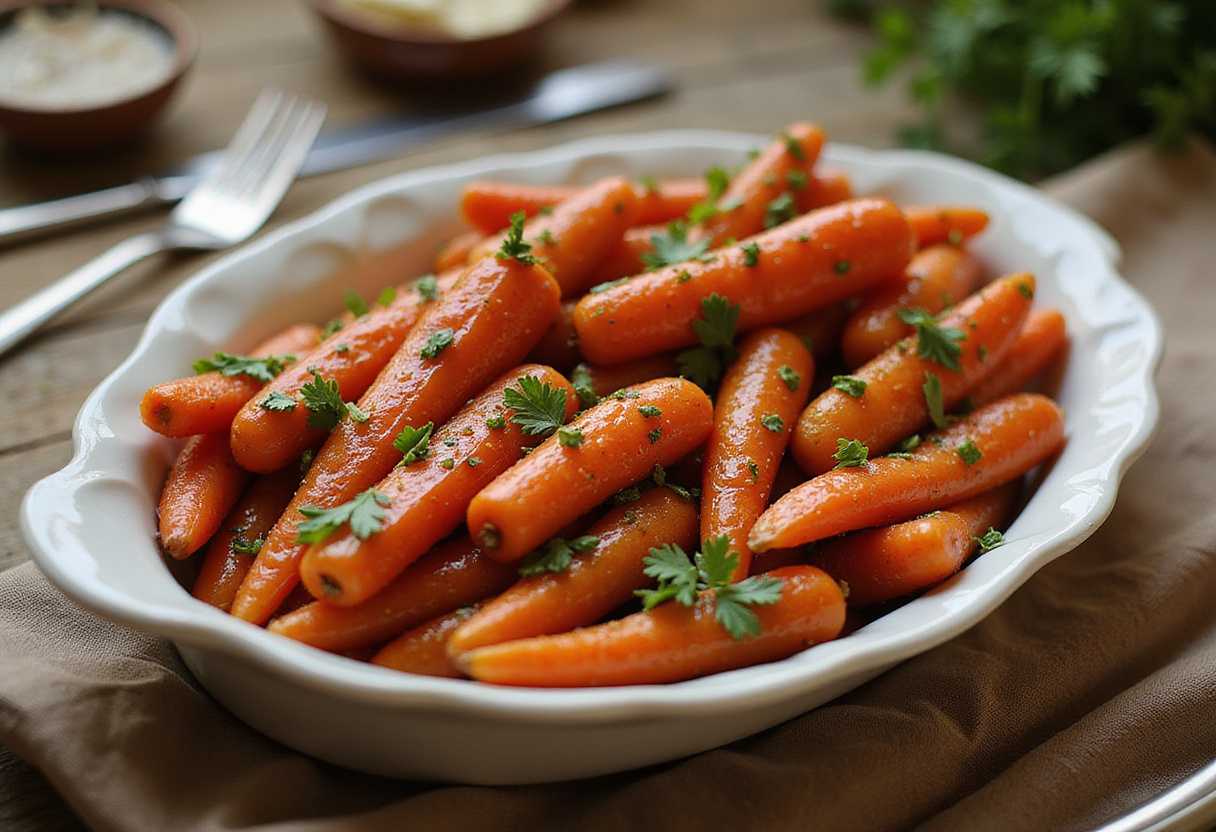 Delicious homemade honey roasted carrots garnished with parsley.