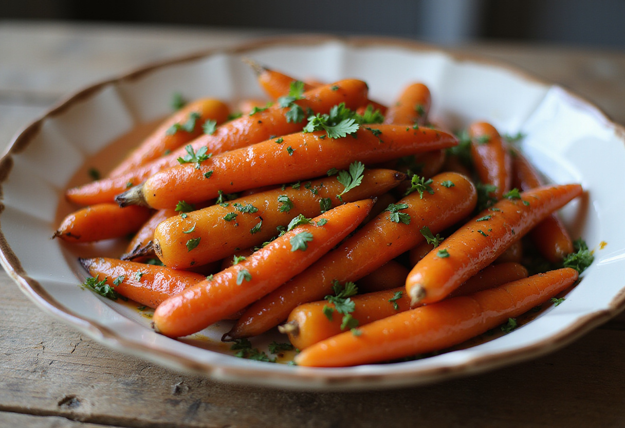 Delicious homemade honey roasted carrots garnished with parsley.