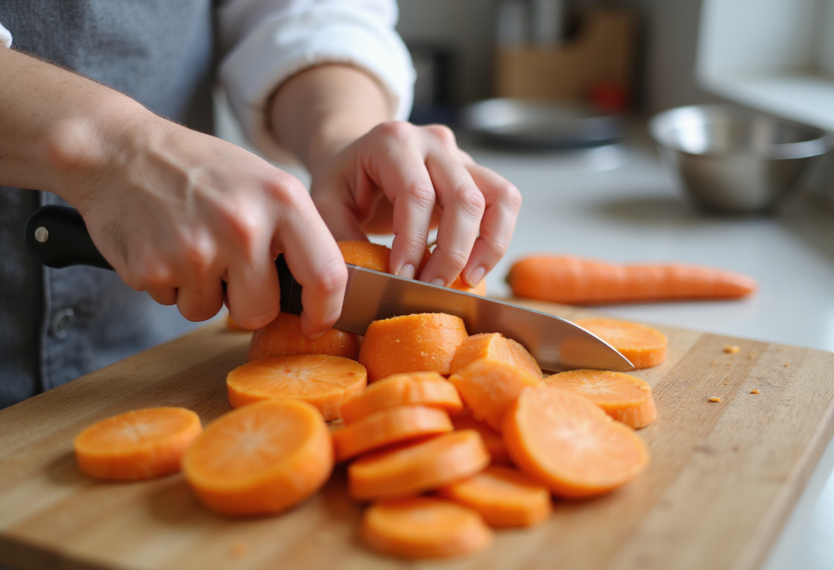 Fresh carrots being peeled for homemade honey roasted carrots.