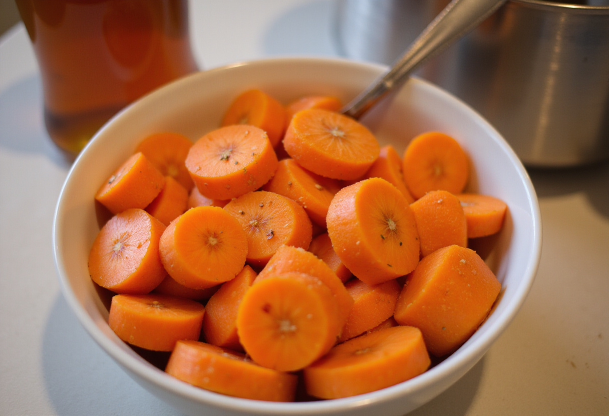 Sliced carrots ready to be seasoned for honey roasted carrots recipe.