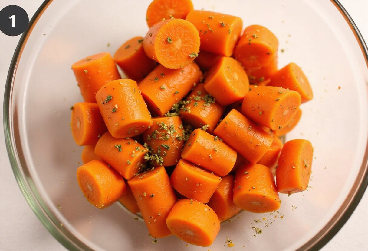 Carrots being tossed with honey and herbs for roasting.