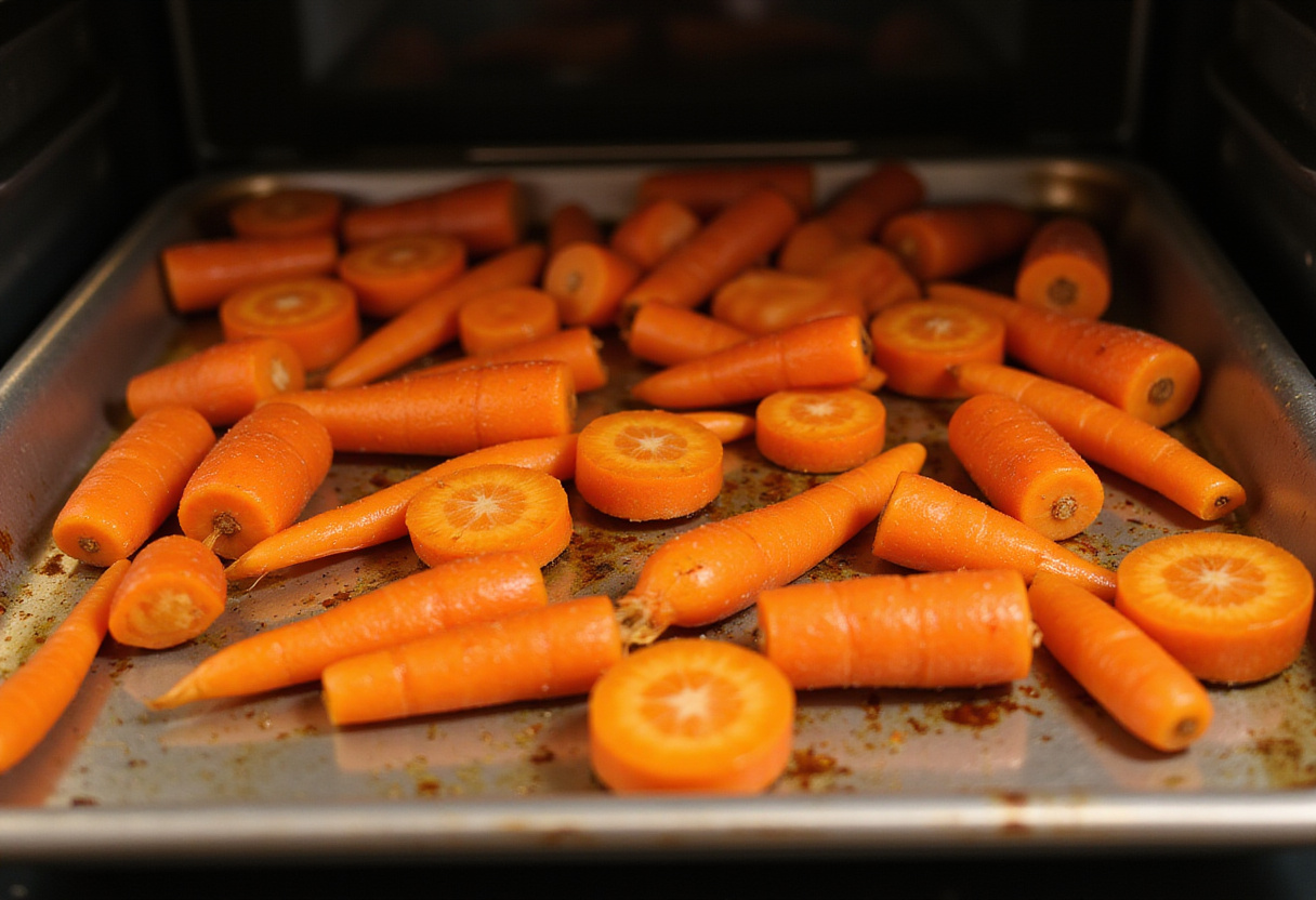 Carrots on a baking sheet prepped for roasting to make honey roasted carrots.
