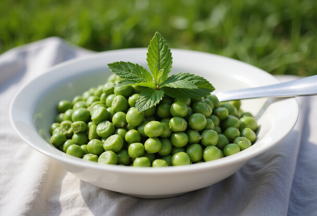 Delicious homemade spring pea salad with mint garnish, perfect for a spring picnic.