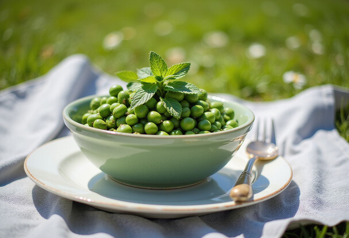 Delicious homemade spring pea salad with mint garnish, perfect for a spring picnic.