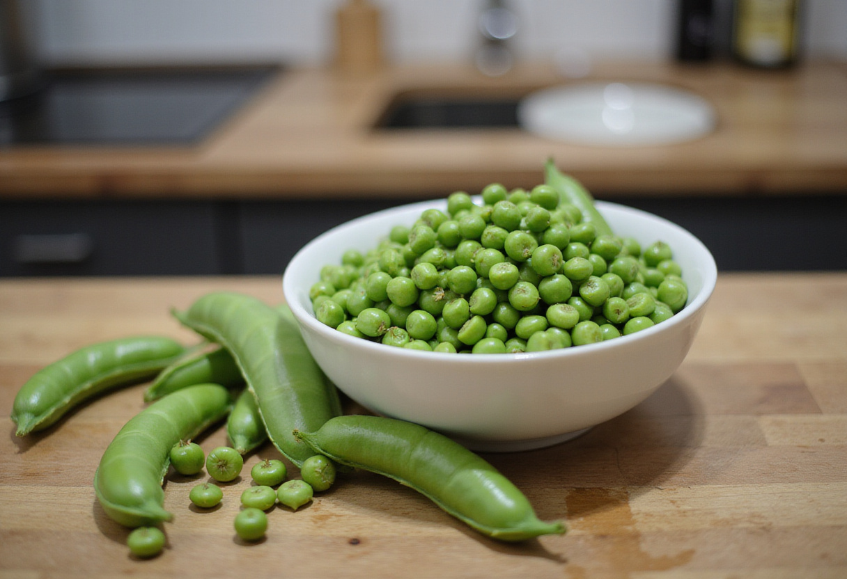 Fresh spring peas being shelled for the best homemade spring pea salad.