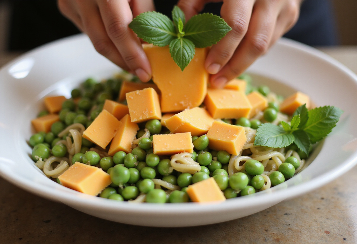Cheddar cheese and mint being added to pea and pasta salad for the best homemade spring pea salad.