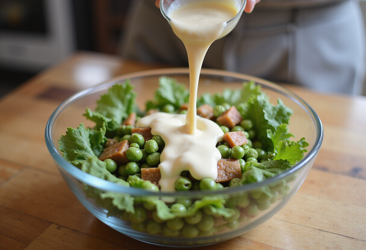 Creamy dressing being poured over spring pea salad ingredients for the best homemade spring pea salad.