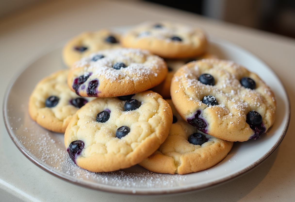 Delicious Blueberry Cheesecake Cookies with powdered sugar, ready to serve.