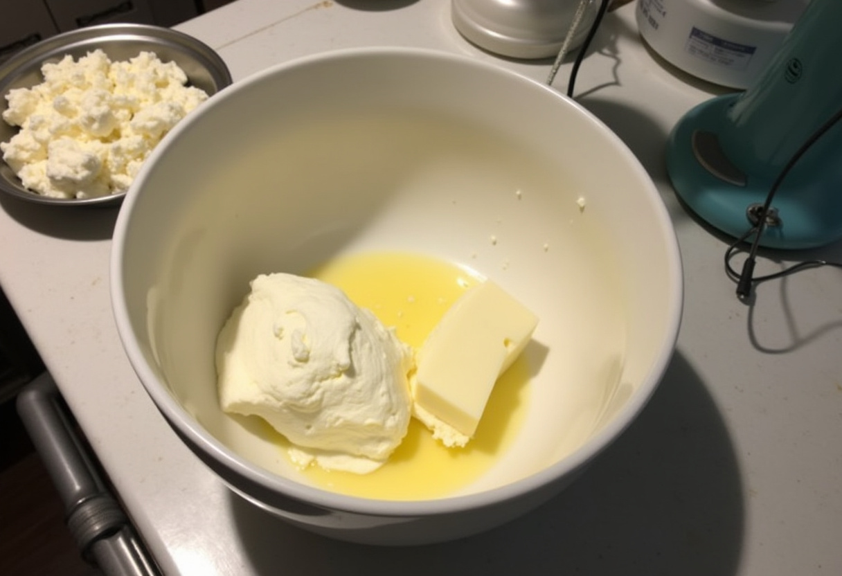 Cream cheese and butter in a mixing bowl for Blueberry Cheesecake Cookies.