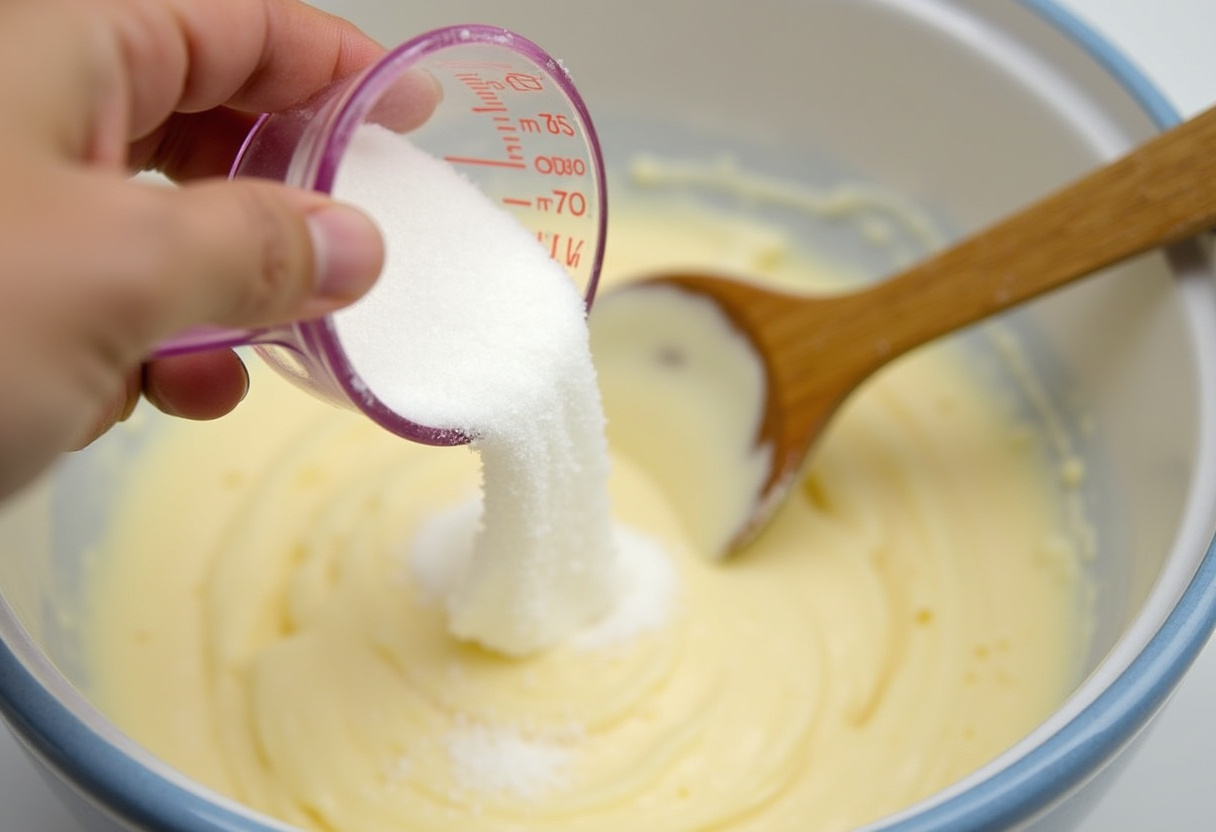 Adding sugar to the cream cheese and butter mixture for Blueberry Cheesecake Cookies.