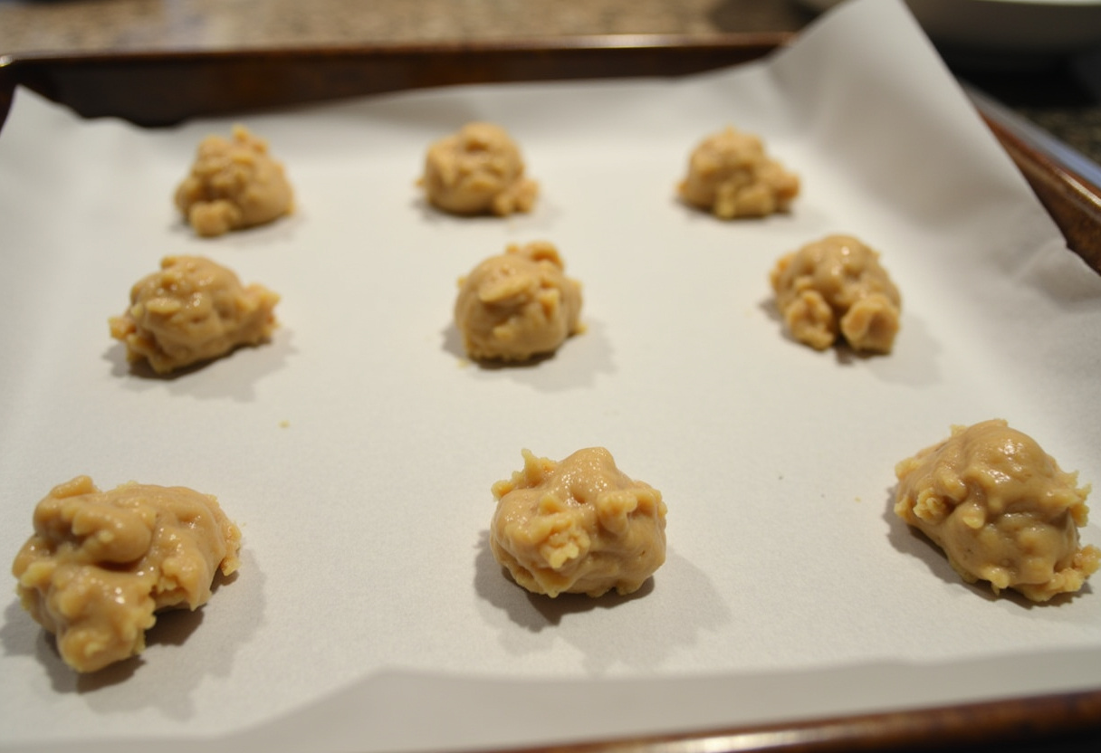 Cookie dough scoops on a baking sheet for Blueberry Cheesecake Cookies.