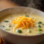 Creamy Broccoli Cheese Soup topped with shredded cheese and served with bread.