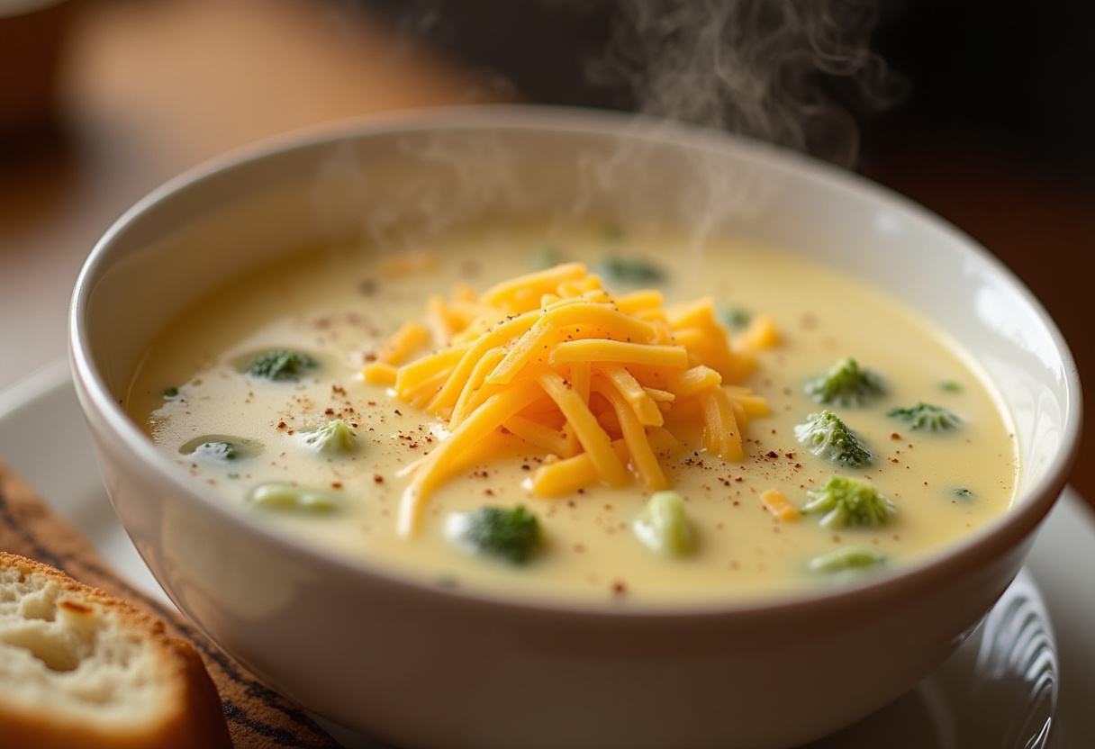 Creamy Broccoli Cheese Soup topped with shredded cheese and served with bread.