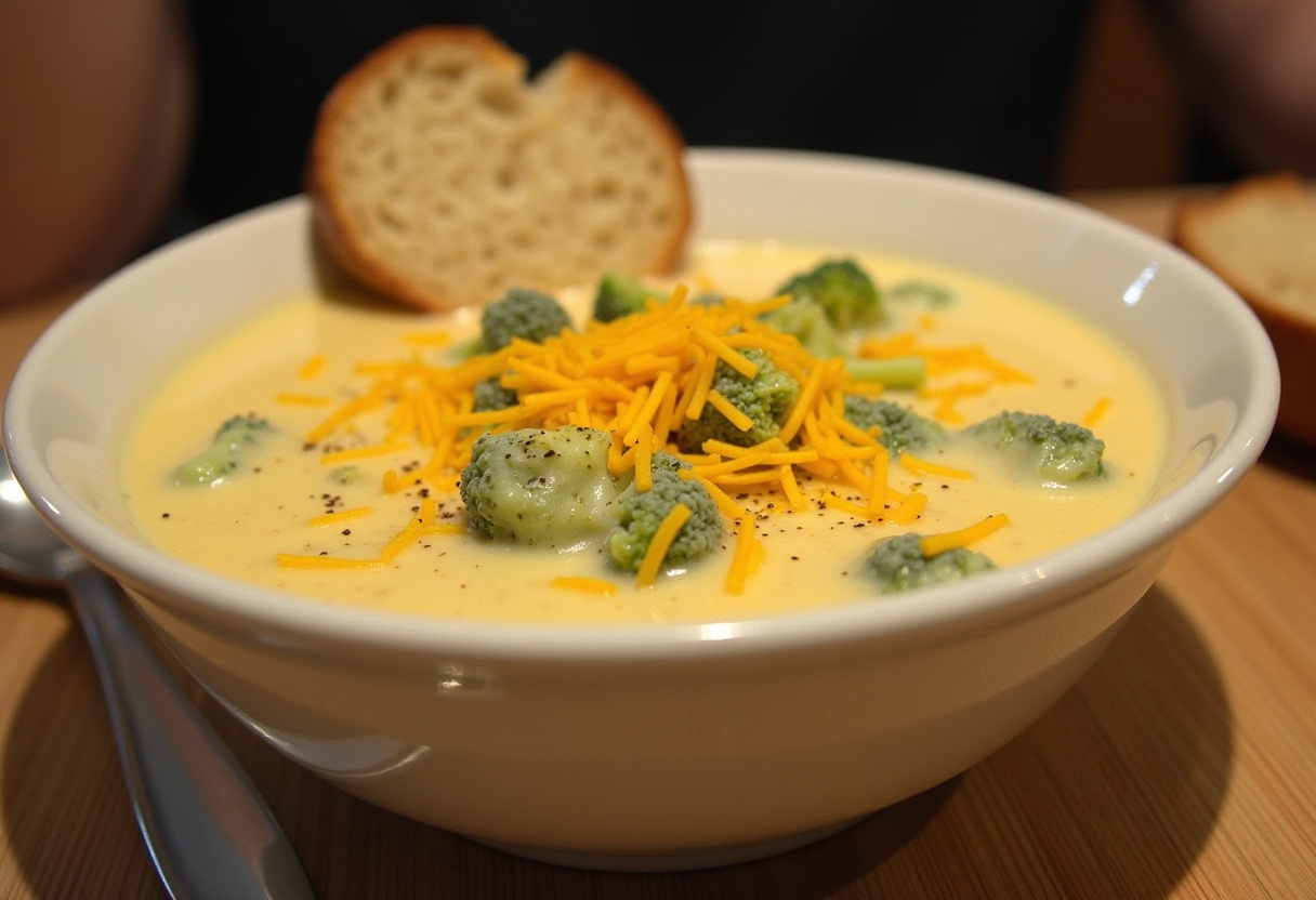 Creamy Broccoli Cheese Soup topped with shredded cheese and served with bread.