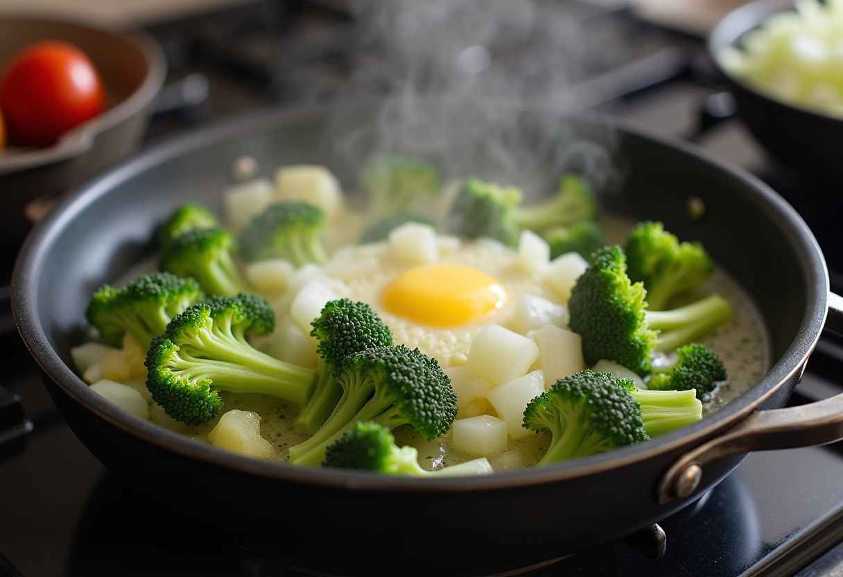Chopped broccoli and onions sautéing in butter for Broccoli Cheese Soup.