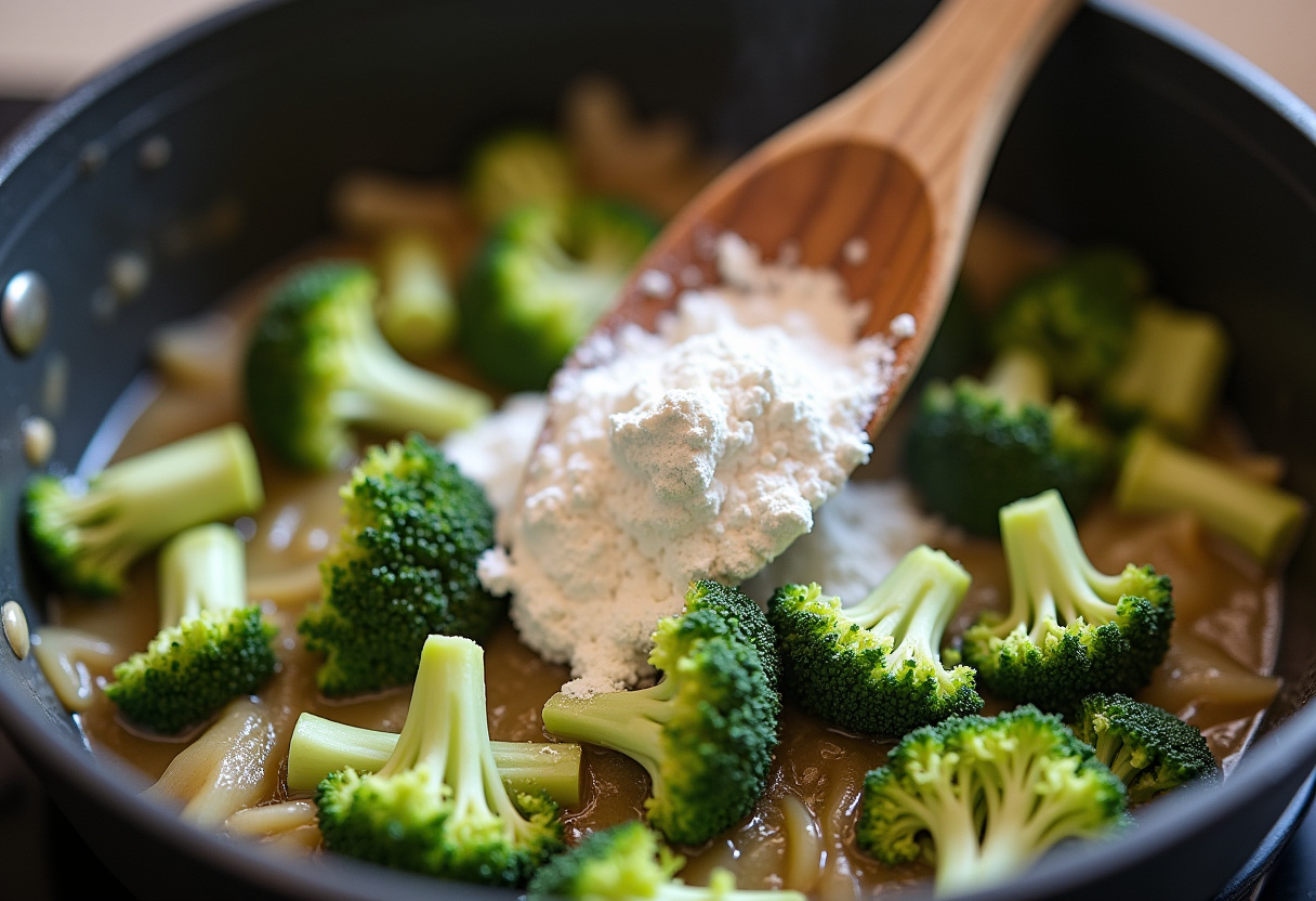 Flour being mixed into broccoli and onions to make a roux for Broccoli Cheese Soup.