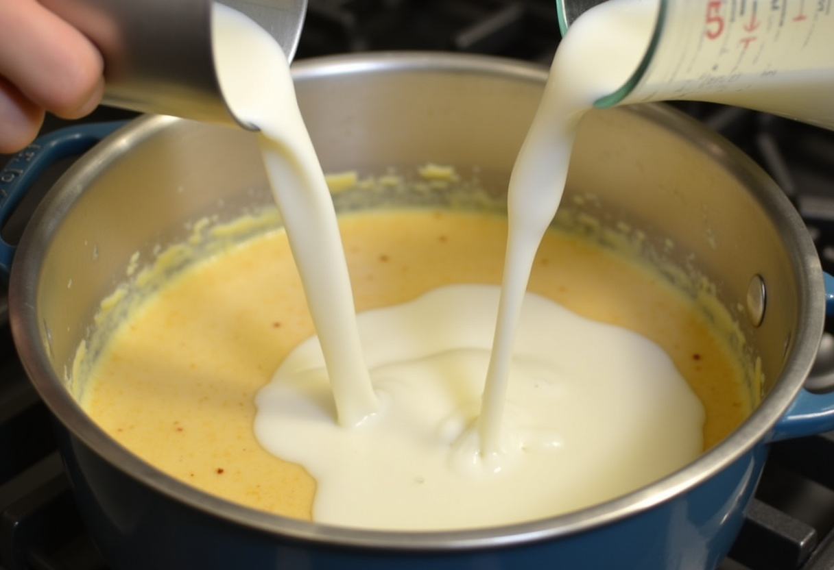 Milk being added to the roux to create a creamy soup base for Broccoli Cheese Soup.