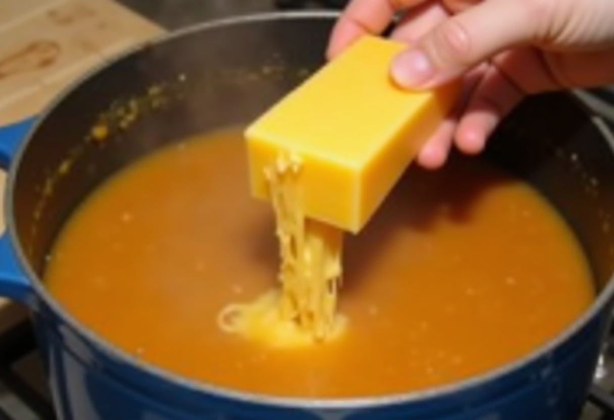 Cheddar cheese being grated into the simmering Broccoli Cheese Soup.