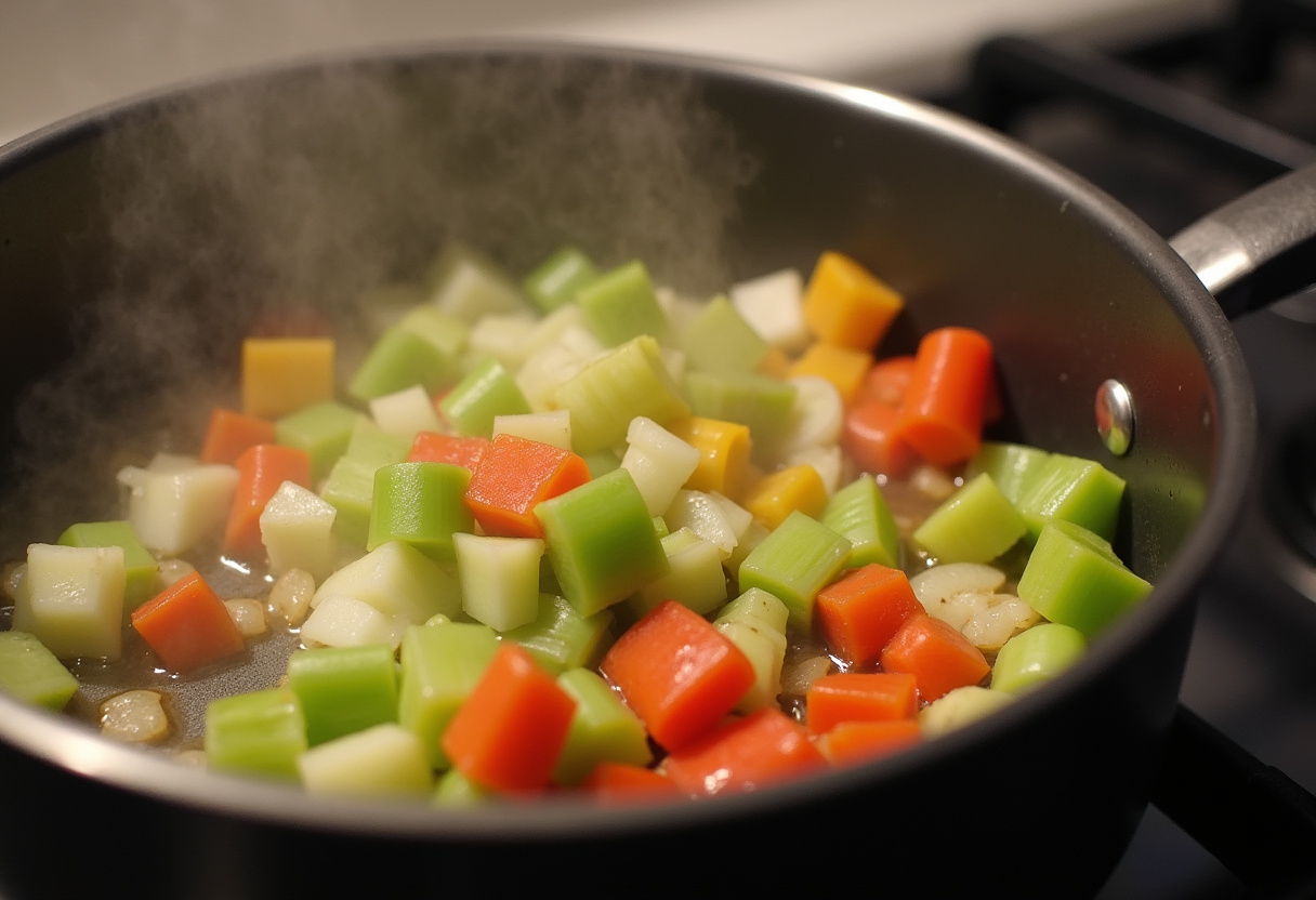 Sautéed onions, celery, and bell peppers in a pot for Cajun Potato Soup.