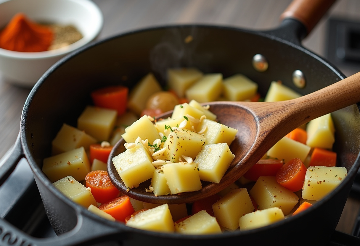 Diced potatoes and Cajun seasoning added to the pot for Cajun Potato Soup.