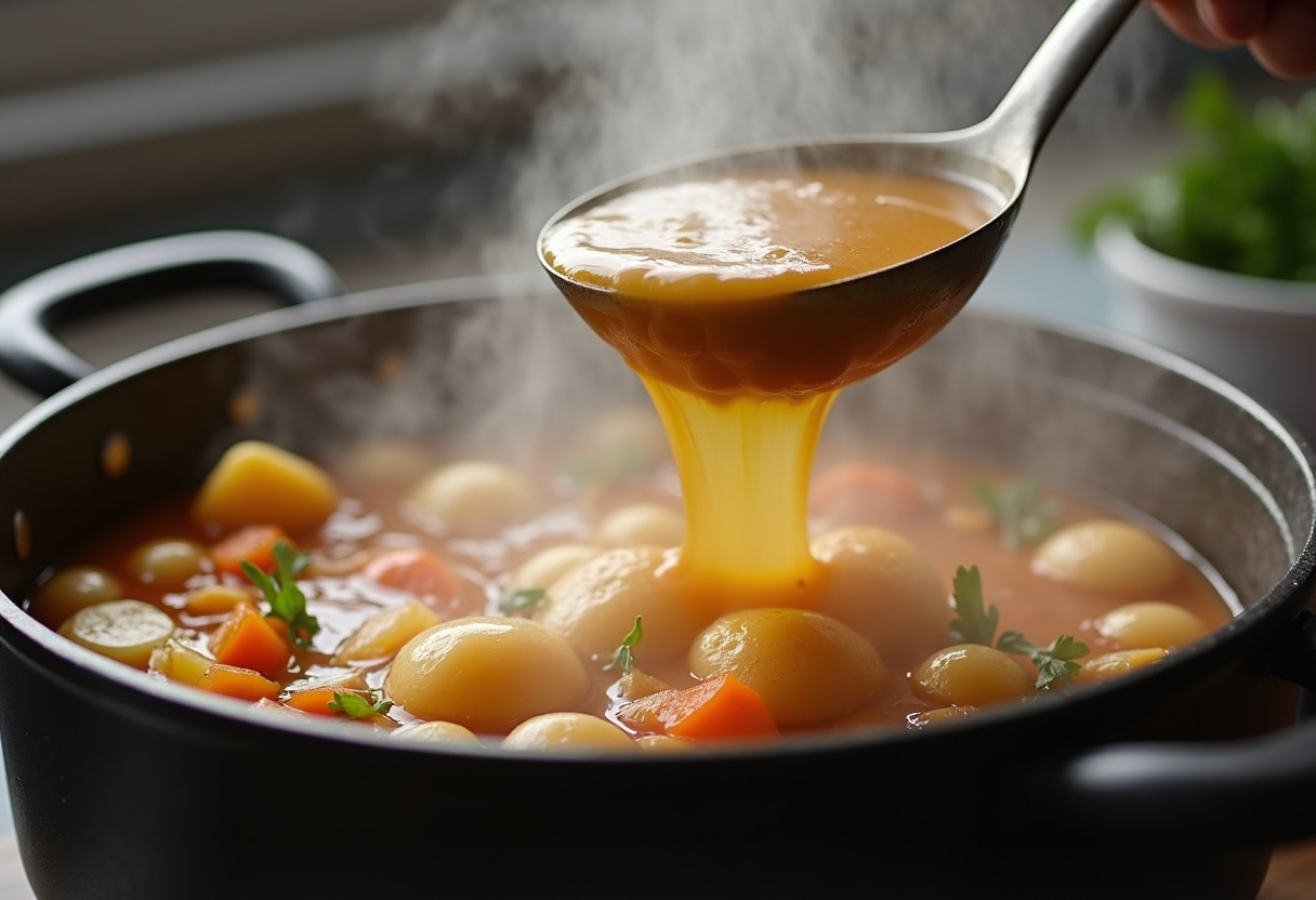 Chicken broth being added to the pot for Cajun Potato Soup.