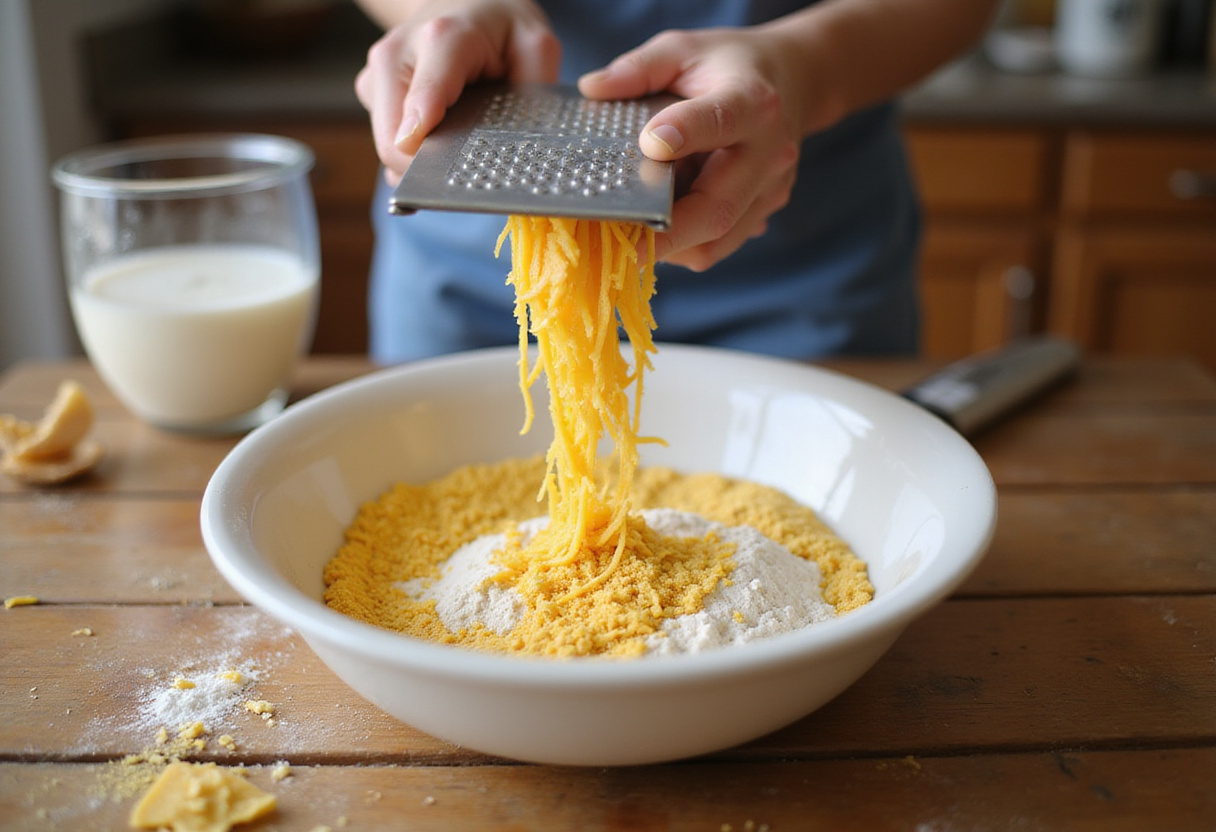 Preparing dry ingredients and cheddar cheese for delicious Cheddar Jalapeño Cornbread.