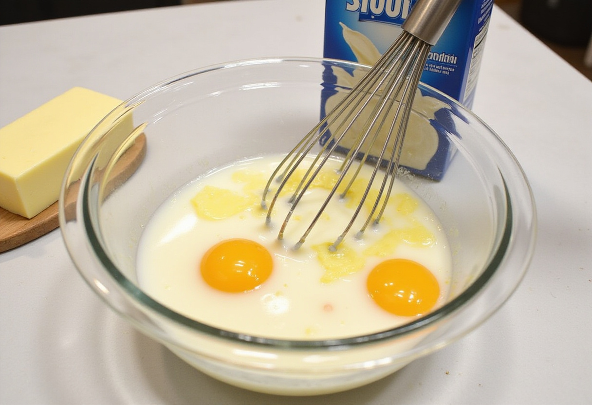 Mixing wet ingredients: buttermilk, melted butter, and eggs for Cheddar Jalapeño Cornbread recipe.
