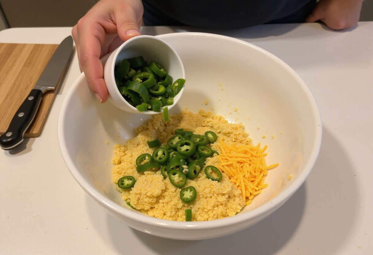 Adding diced jalapeños to the dry ingredients for spicy Cheddar Jalapeño Cornbread.