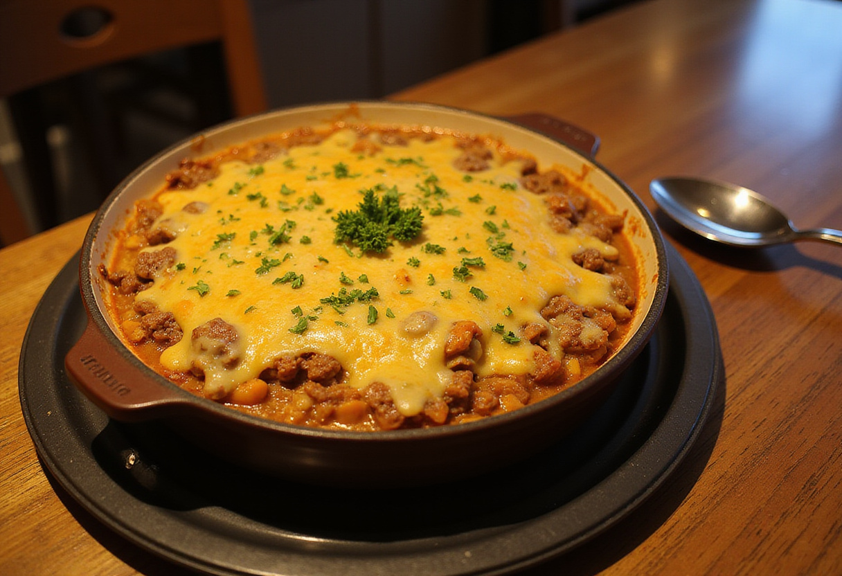 Delicious Cheesy Ground Beef Casserole ready to serve for dinner.