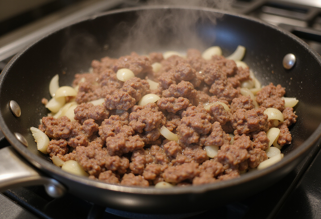 Browning ground beef with onions for the Cheesy Ground Beef Casserole recipe.