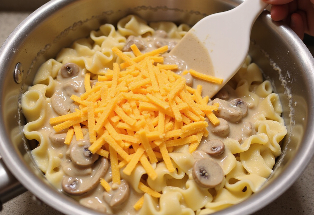 Mixing egg noodles, cream of mushroom soup, and cheddar cheese for Cheesy Ground Beef Casserole.