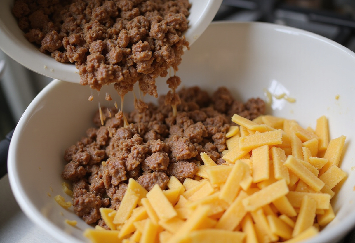 Adding browned ground beef to the noodle and cheese mixture for casserole.