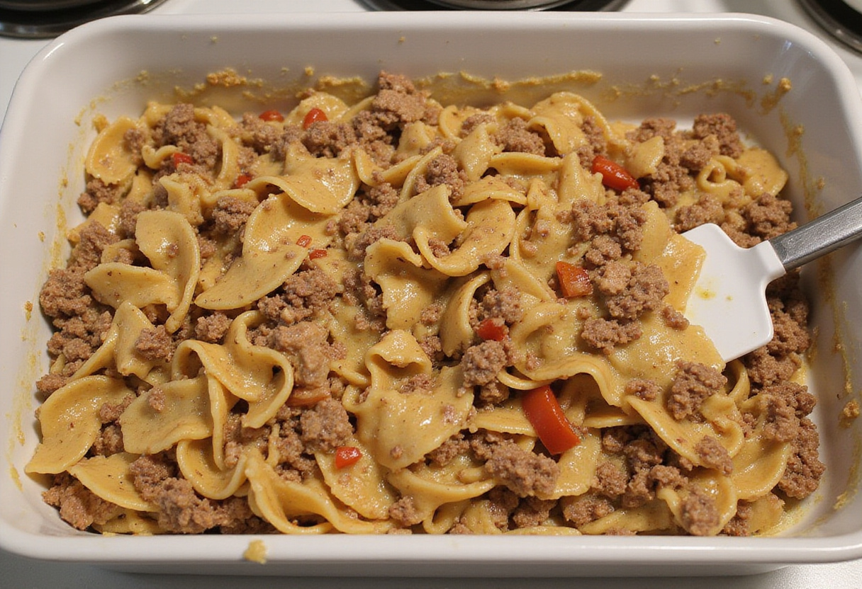 Spreading ground beef and noodle mixture into a baking dish for Cheesy Ground Beef Casserole.