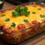 Finished Cheesy Loaded Meatloaf Casserole with melted cheese and parsley garnish, perfect for a hearty meal.