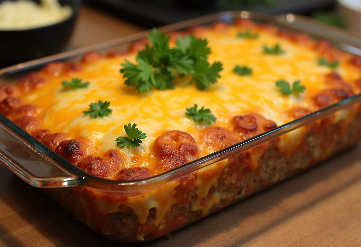 Finished Cheesy Loaded Meatloaf Casserole with melted cheese and parsley garnish, perfect for a hearty meal.