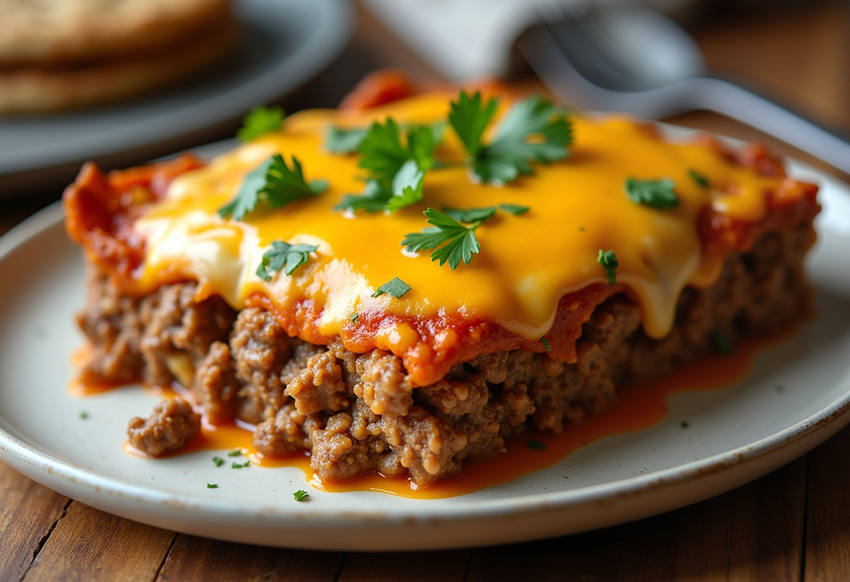 Finished Cheesy Loaded Meatloaf Casserole with melted cheese and parsley garnish, perfect for a hearty meal.