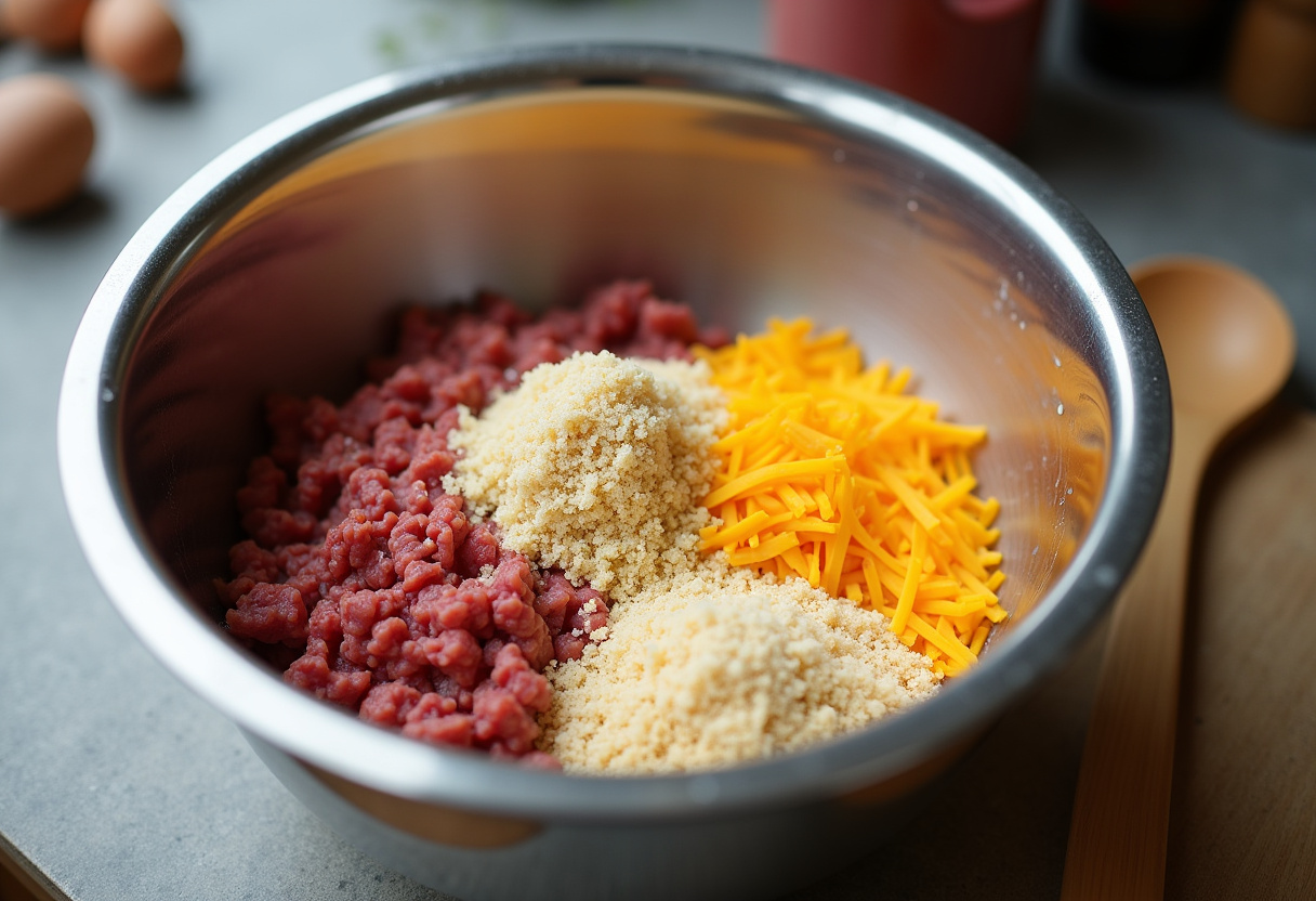 Ground beef, breadcrumbs, and shredded cheese mixed in a bowl for Cheesy Loaded Meatloaf Casserole.