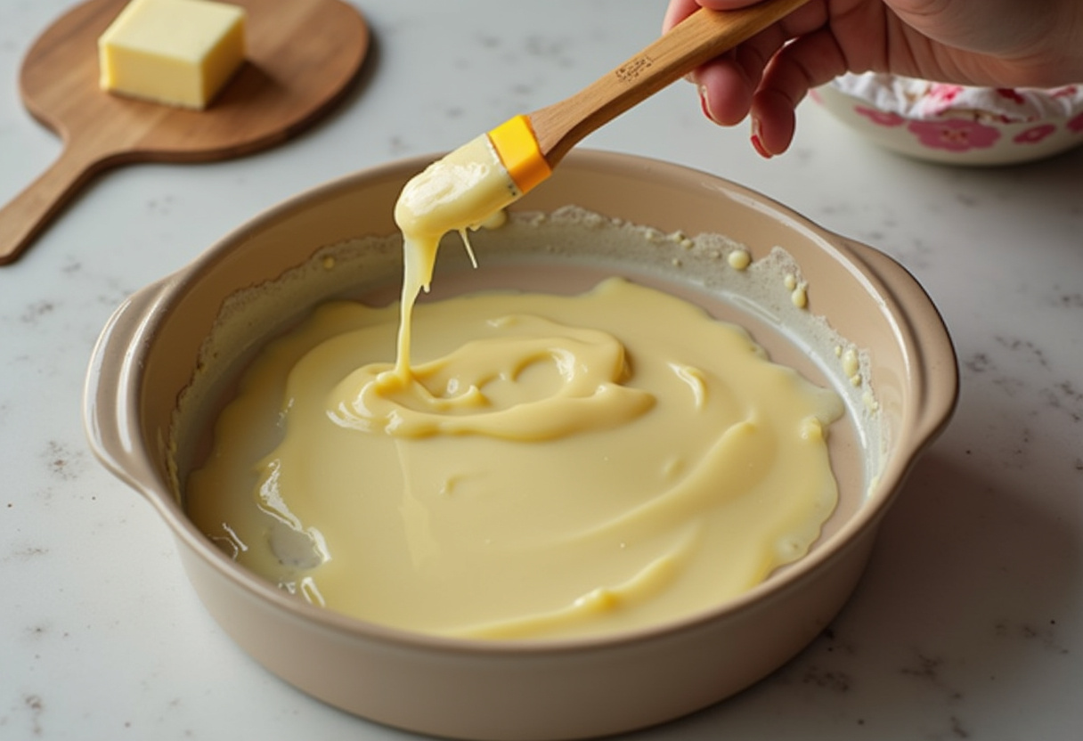Baking dish being greased with butter for Cheesy Loaded Meatloaf Casserole.