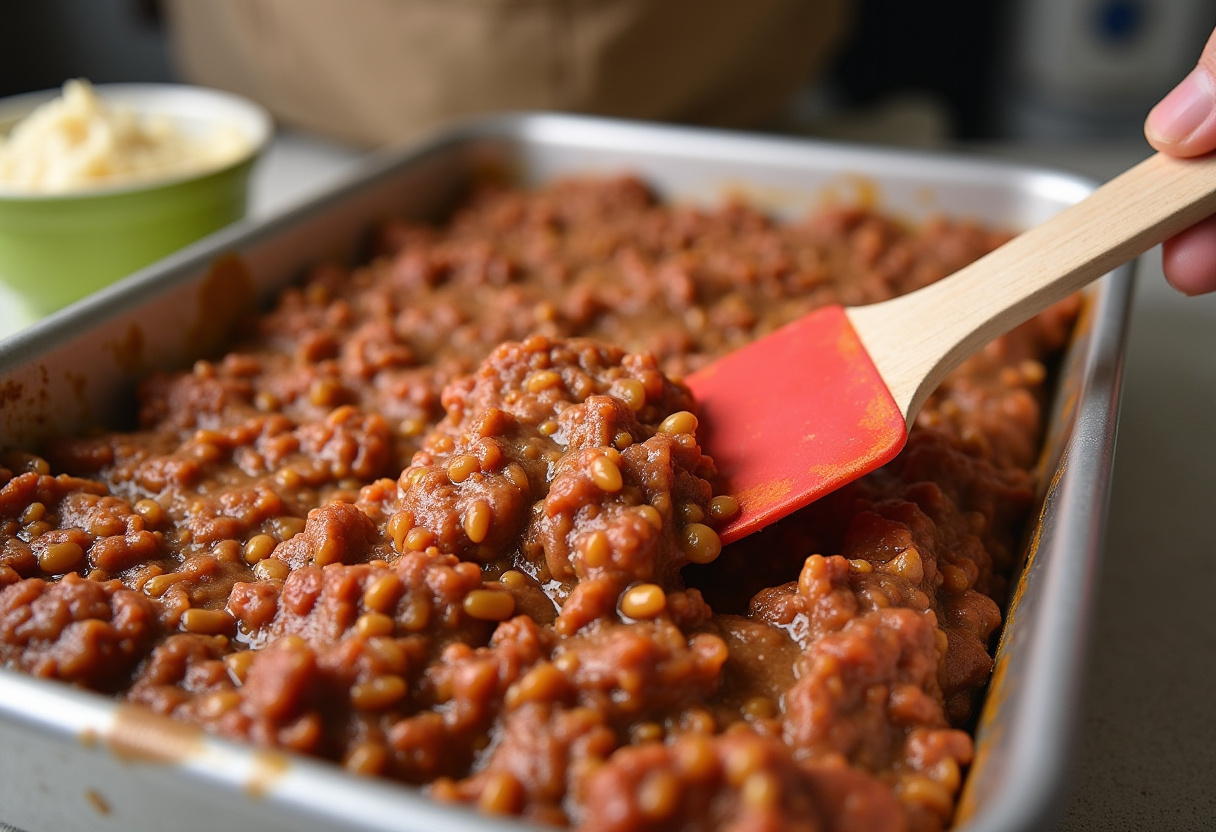 Meatloaf mixture pressed into baking dish for Cheesy Loaded Meatloaf Casserole.