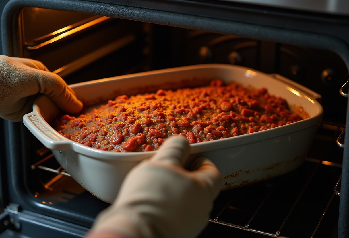 Baking dish with Cheesy Loaded Meatloaf Casserole being placed in the oven.