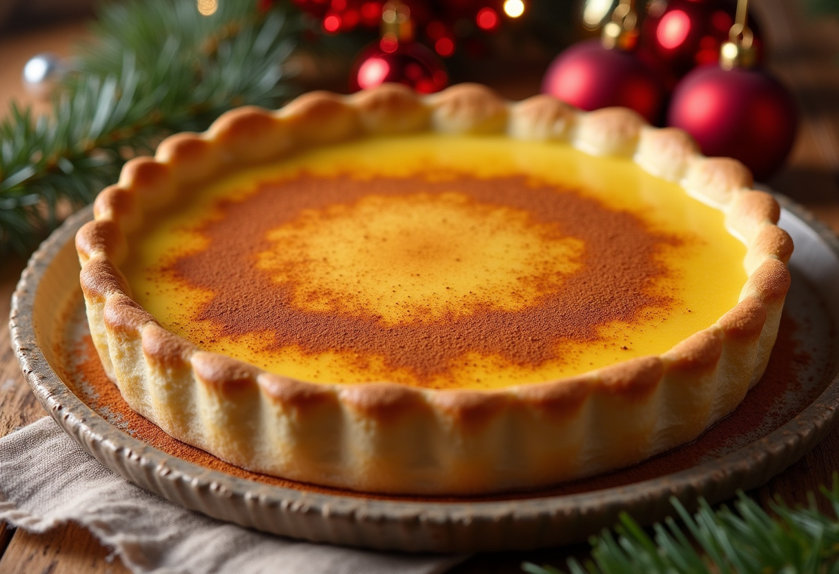 Finished Christmas Eve Cinnamon-Vanilla Creamy Custard Pie with cinnamon dusting, ready for holiday serving.