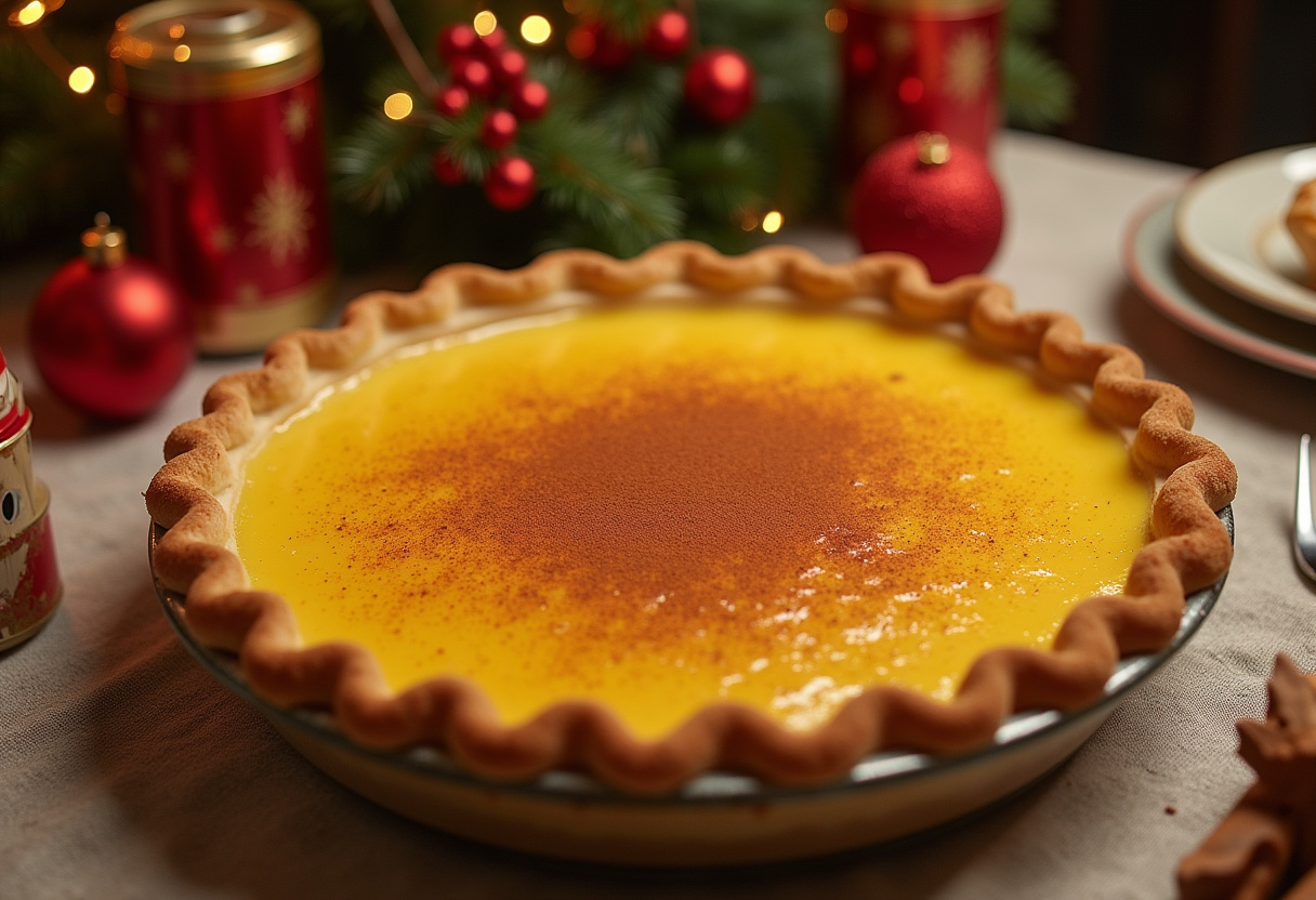 Finished Christmas Eve Cinnamon-Vanilla Creamy Custard Pie with cinnamon dusting, ready for holiday serving.