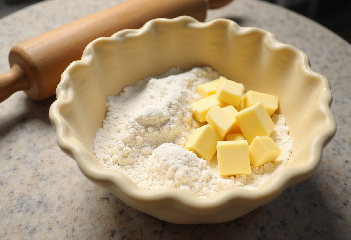 Ingredients for pie crust preparation for Christmas Eve Cinnamon-Vanilla Creamy Custard Pie.