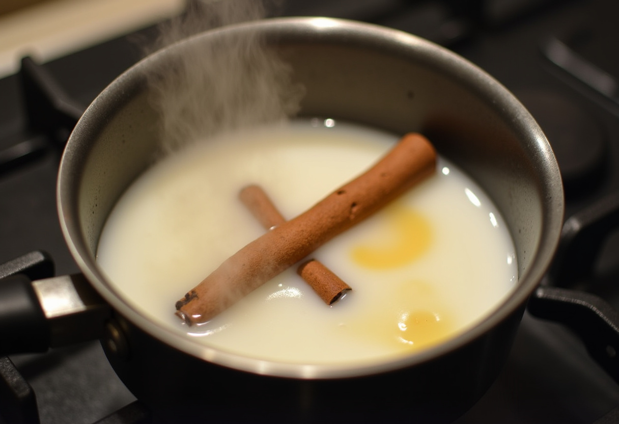 Milk infused with vanilla and cinnamon for custard filling of Christmas pie.