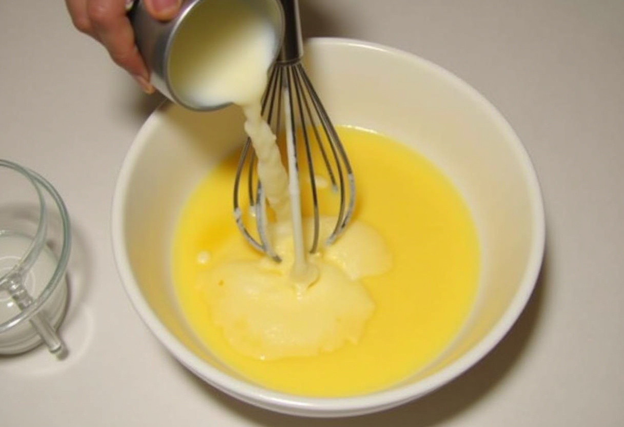 Eggs and sugar being mixed with warm milk for custard filling of Christmas pie.