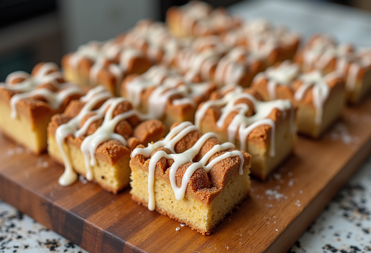 Freshly baked Cinnamon Roll Bliss Bars with icing drizzle, perfect for dessert.