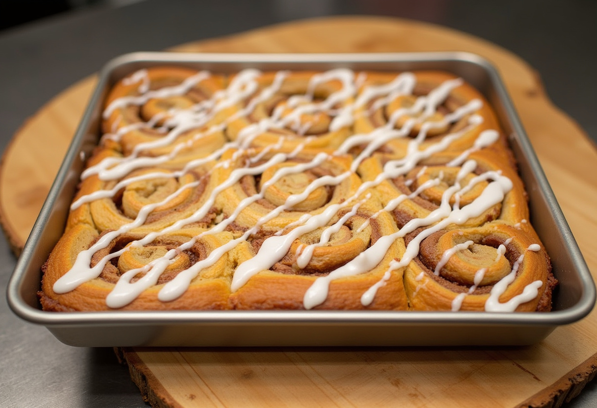 Freshly baked Cinnamon Roll Bliss Bars with icing drizzle, perfect for dessert.