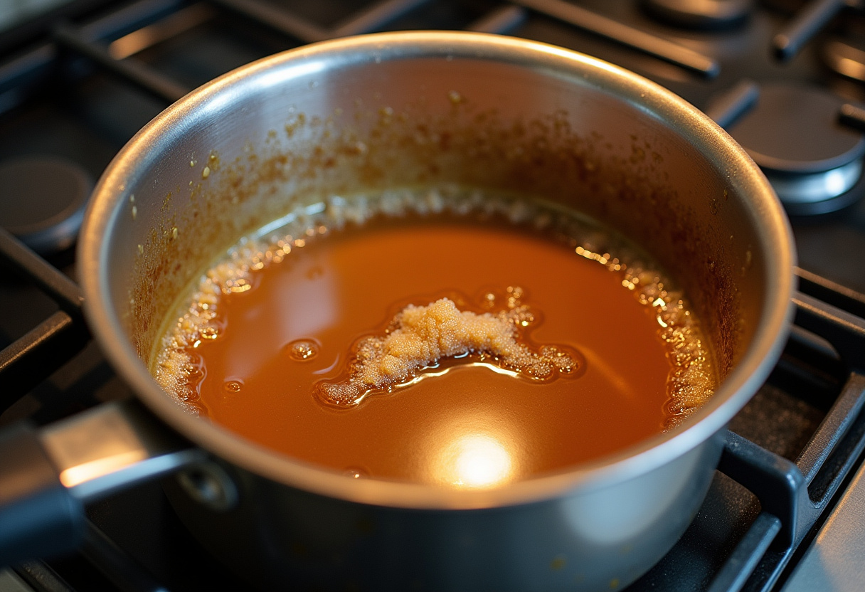 Butter and brown sugar caramel sauce simmering for Cinnamon Roll Bliss Bars.
